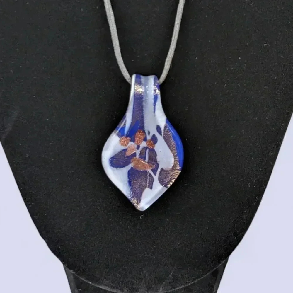 (2/$20) Vintage Murano-Style Art Glass Blue Leaf Pendant
